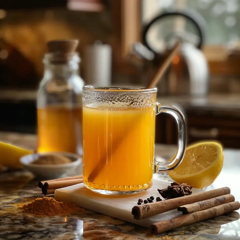 Warm golden honey–turmeric drink in a clear mug with steam, surrounded by raw honey, turmeric, Ceylon cinnamon, black pepper, and lemon