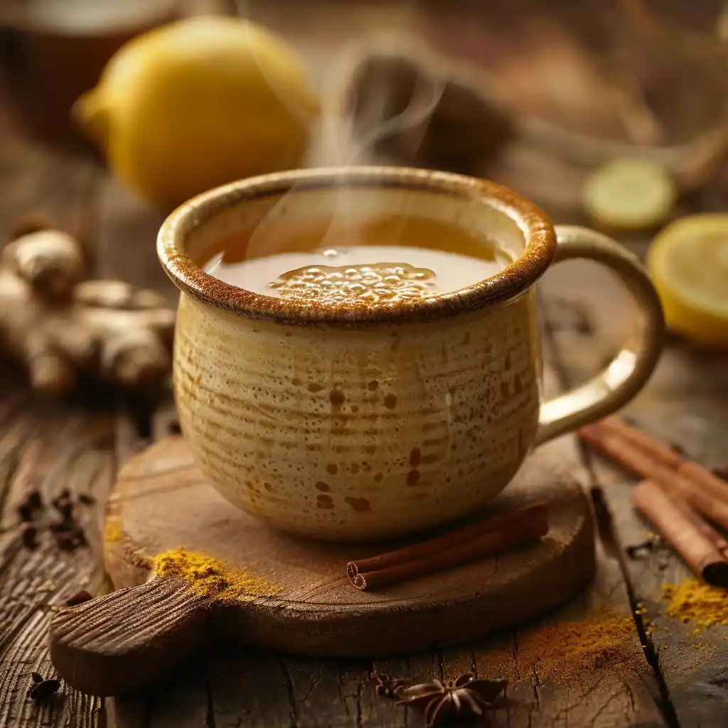 Warm honey drink with cinnamon and turmeric in rustic ceramic mug for brain fog relief