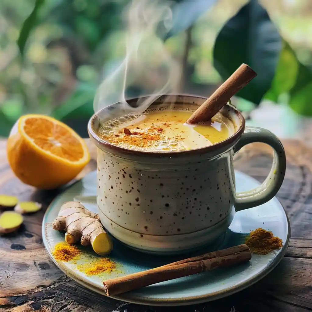 Warm honey–ginger–turmeric calamansi in a mug with steam and a cinnamon stick