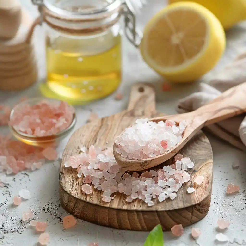 Warm water being stirred with pink Himalayan salt and lemon juice in a glass