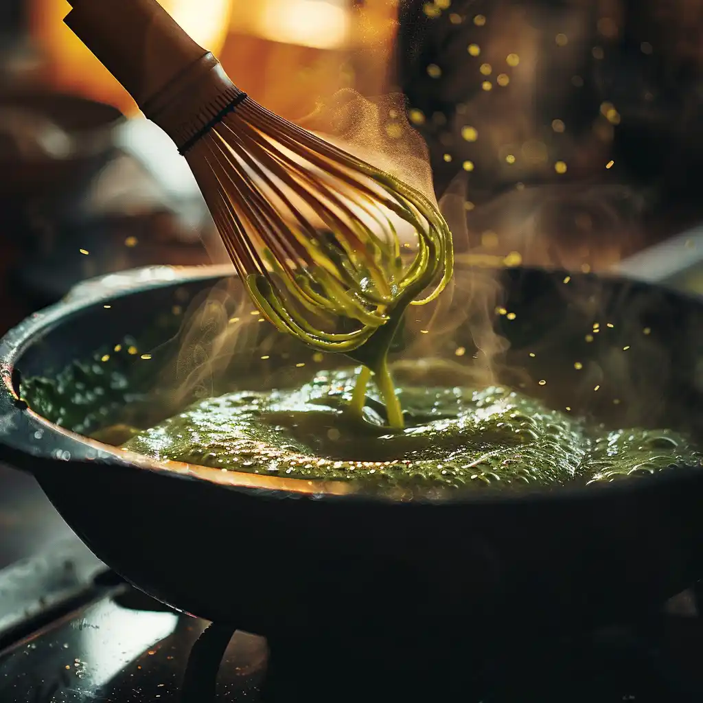 Whisking matcha and lemon juice together for Japanese Mounjaro drink