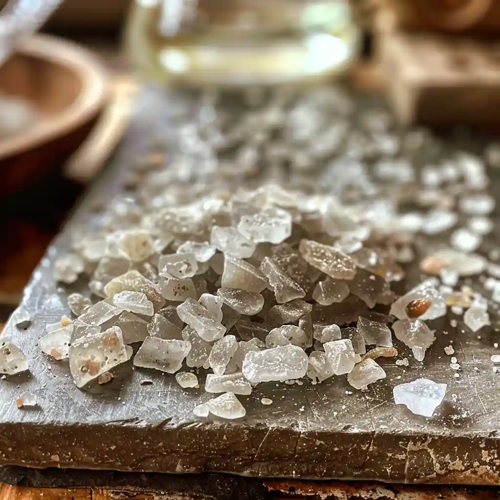 Wooden spoon holding a measured pinch of gray Celtic sea salt above an empty glass, lemon and carafe behind
