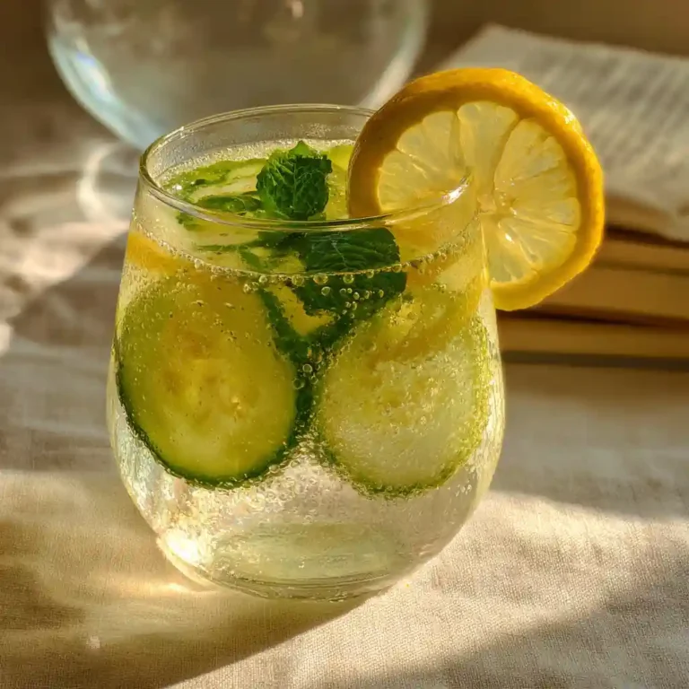 A glass of pineapple cucumber detox with lemon and mint garnish