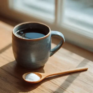 Baking soda and black coffee in a bright kitchen scene