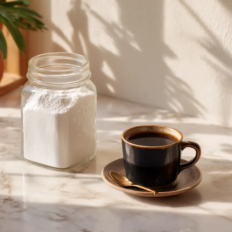 Baking soda and black coffee in a bright kitchen scene