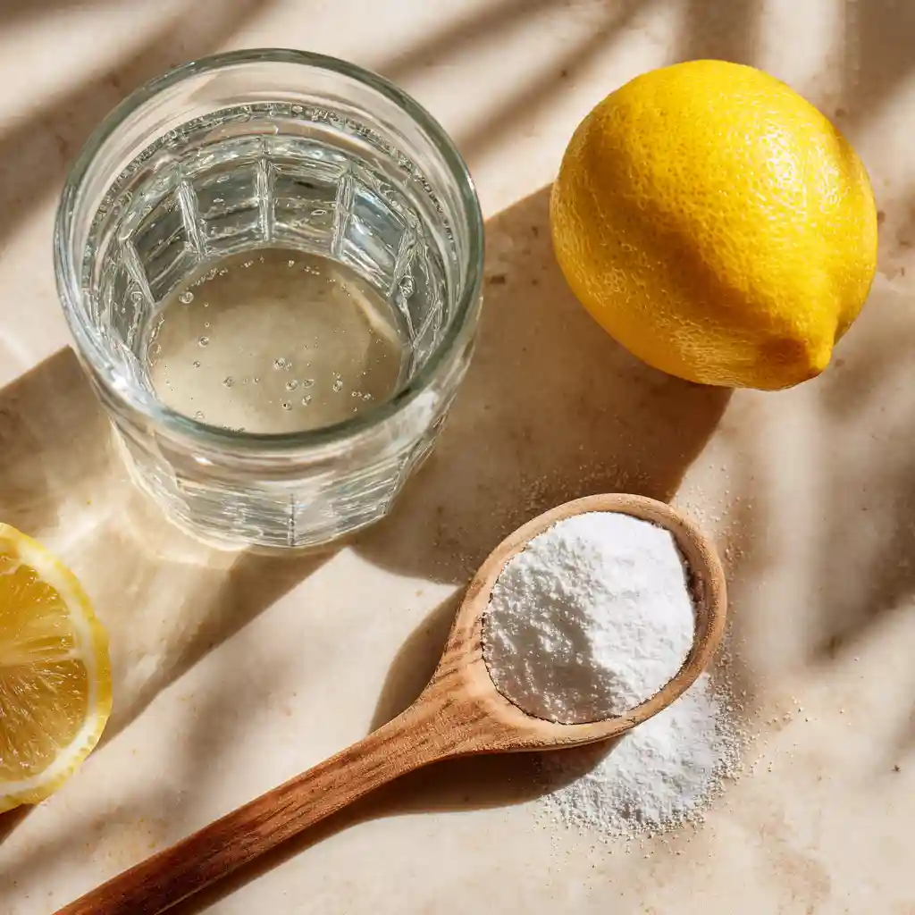 Hand holding a baking soda trick detox drink near kitchen window