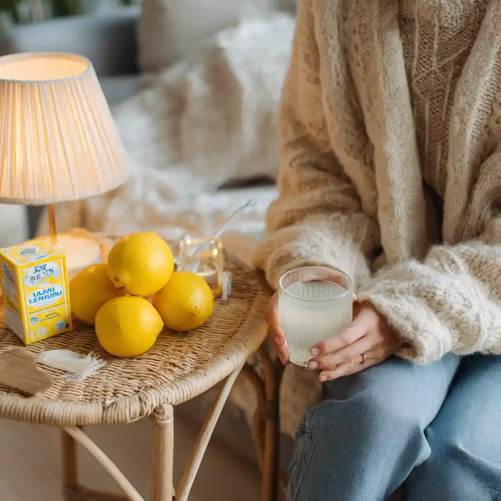 baking soda trick lemon detox drink in a clear glass with warm sunlight
