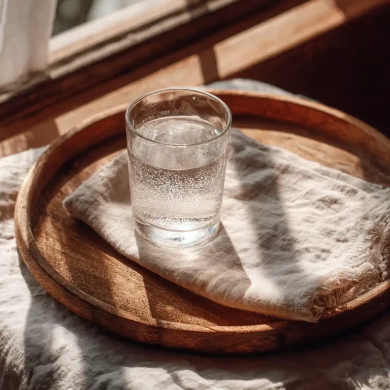 Baking soda water on wooden tray with soft linens and morning sunlight