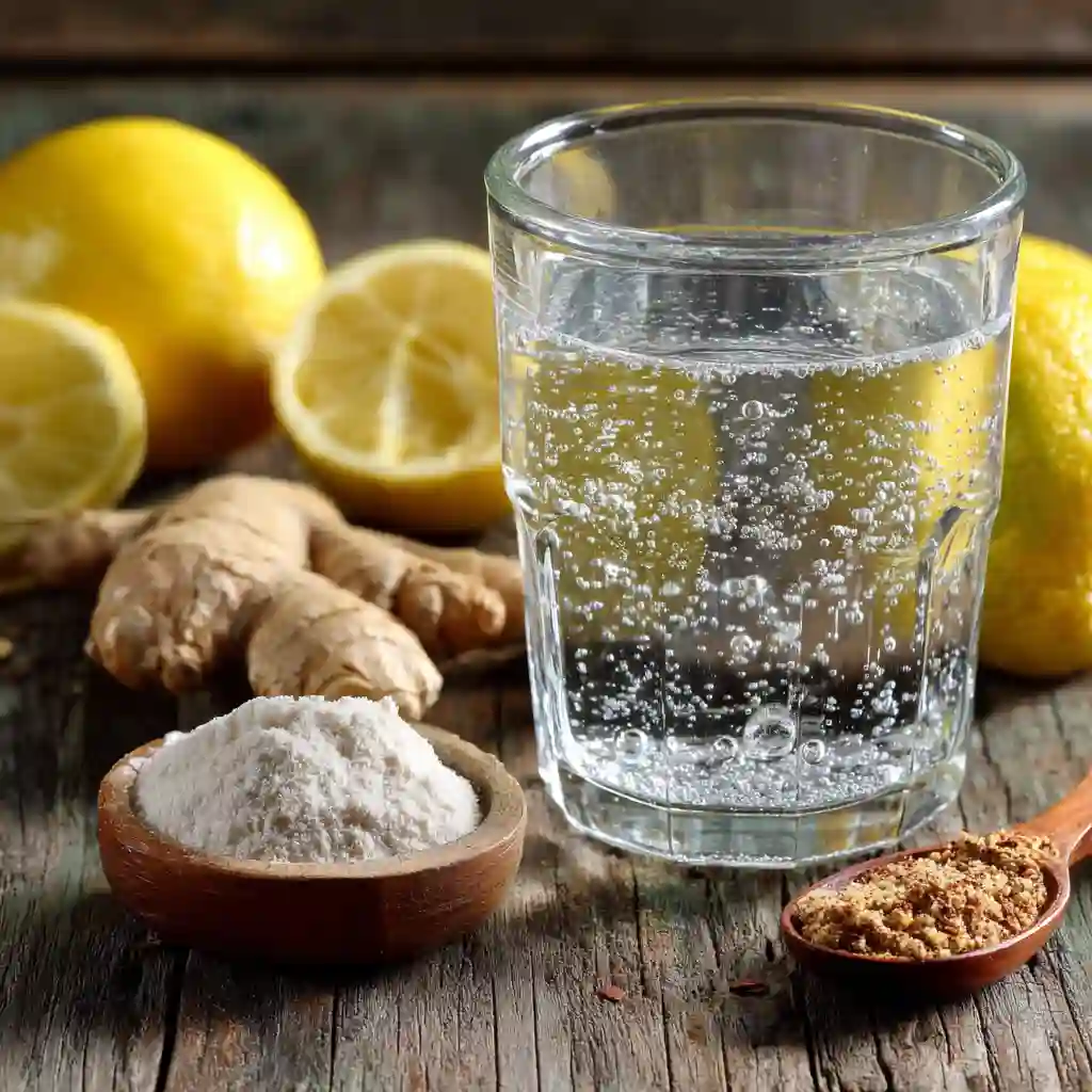 baking soda water for acid reflux_Baking soda water surrounded by natural reflux remedies like lemon and ginger