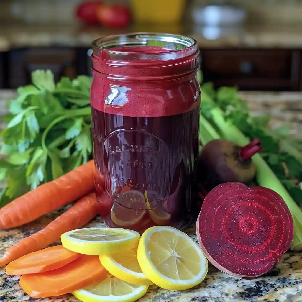 Beet juice in a mason jar with lemon and celery – a vibrant cleanse beverage