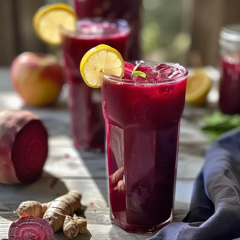 Beet juice in a tall glass with ice, served with breakfast on a light wooden table
