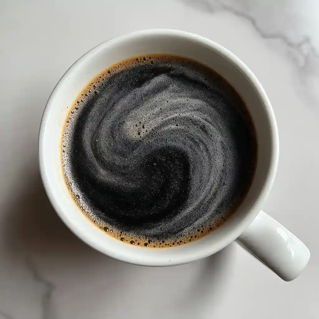 baking soda in coffee_Black coffee with baking soda stirred in, top view