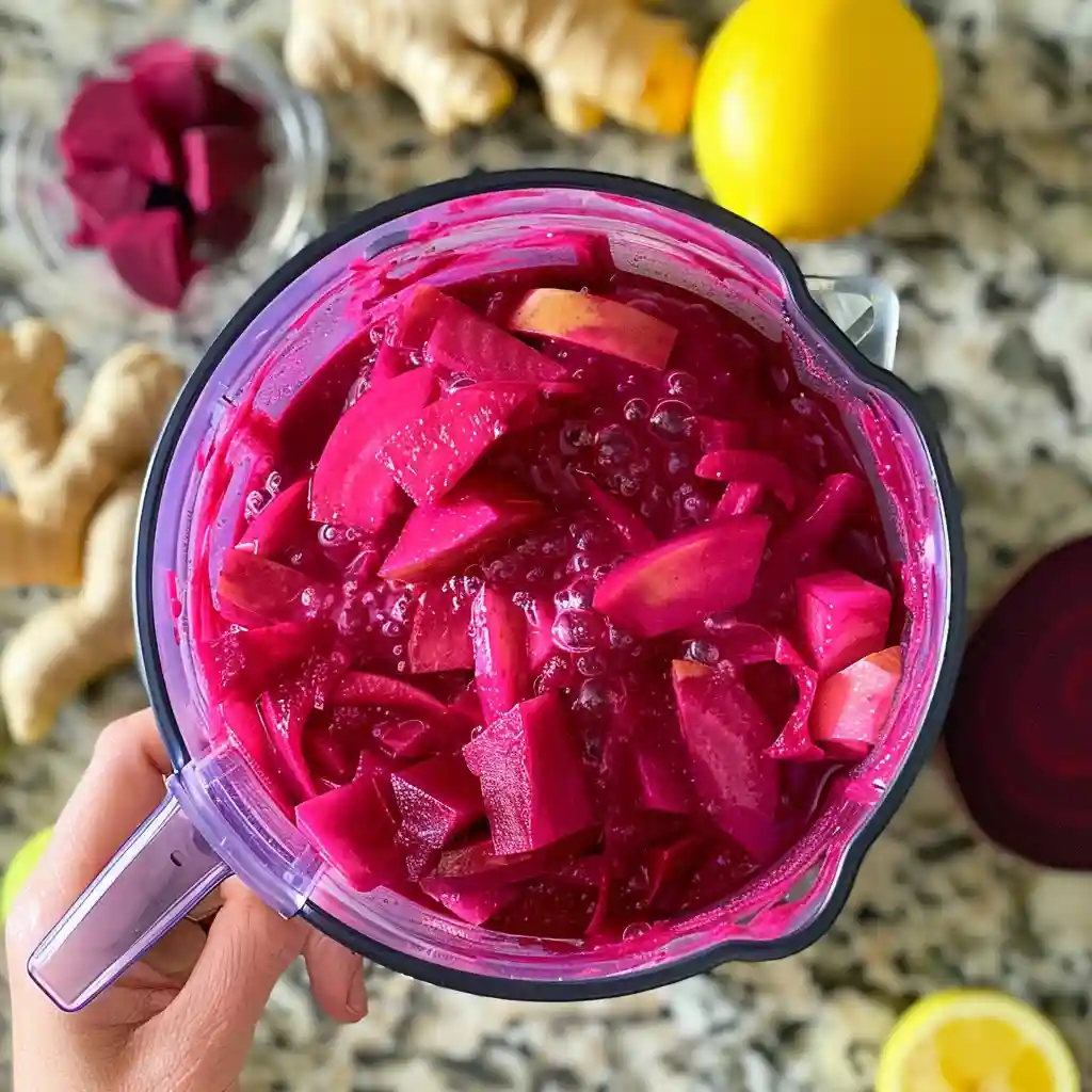 Blender jar filled with beet, apple, lemon, ginger, and water before blending