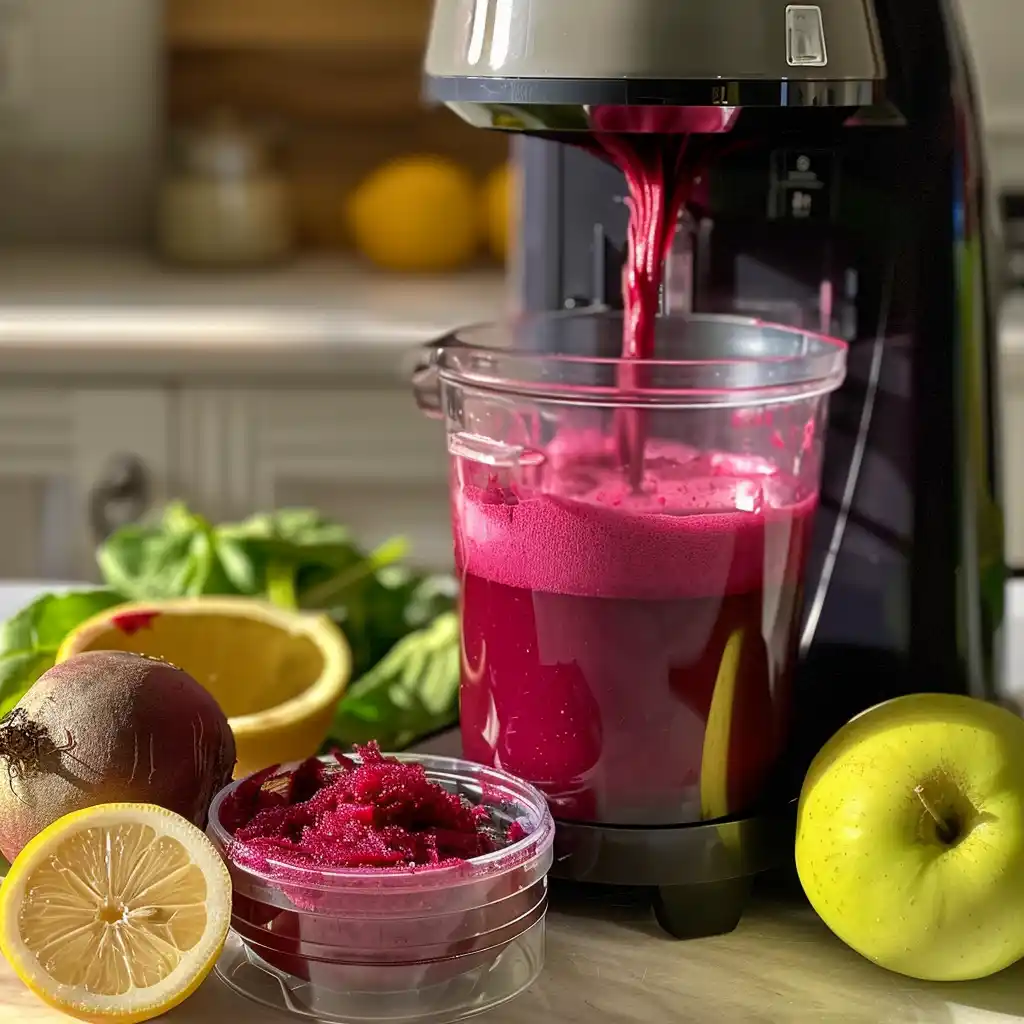 Blender jar filled with chopped beets, lemon, and apple mid-blend on a kitchen counter