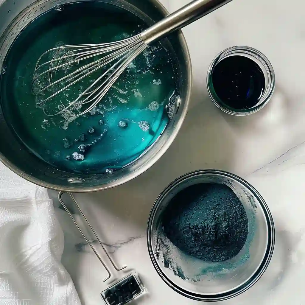 Blooming gelatin in cold water with saucepan warming nearby – preparation step 1