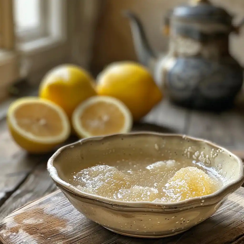 Bowl of bloomed unflavored gelatin next to a kettle and lemon, showing the first prep step
