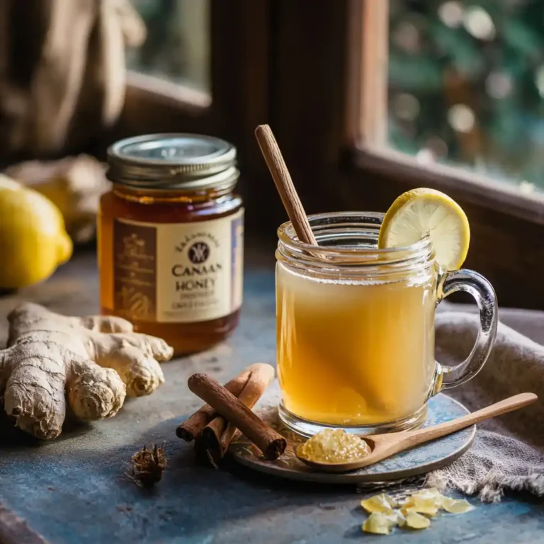 Breakfast scene with Canaan honey drink, cinnamon, and ginger in a rustic kitchen