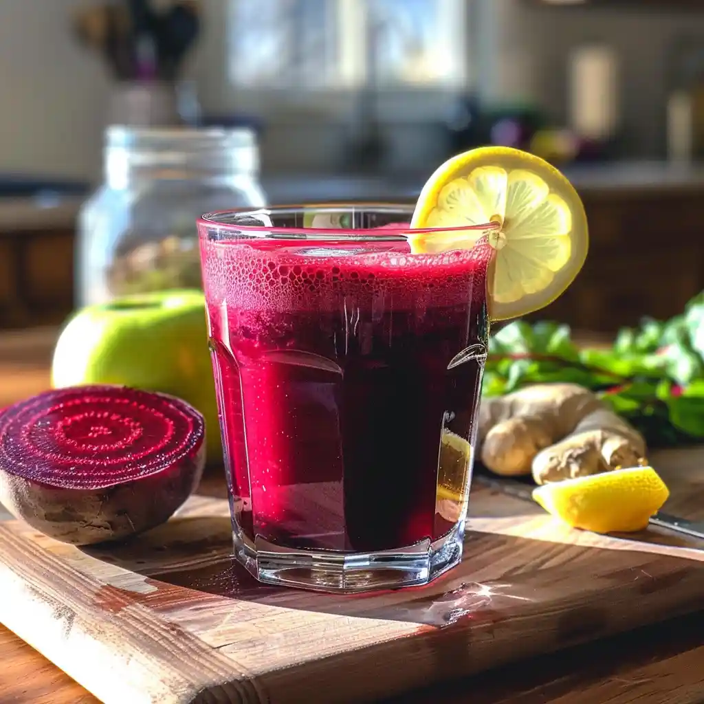 Bright magenta beet juice in a clear glass with lemon on a wooden table