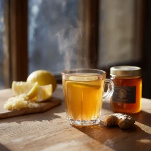 Canaan honey drink with lemon and ginger in a glass, freshly stirred on a wooden counter