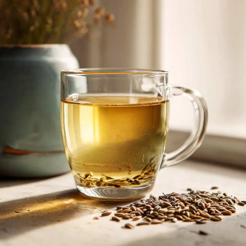 Canaan honey eyesight drink in ceramic mug with fennel seeds and warm lighting