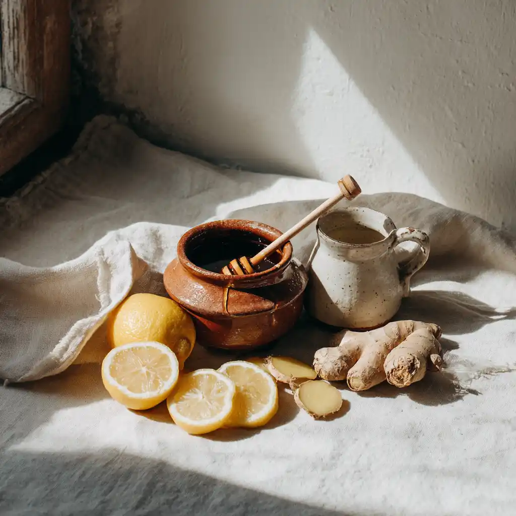 canaan honey trick_Canaan honey in a clay pot with lemon, ginger, and tea setup