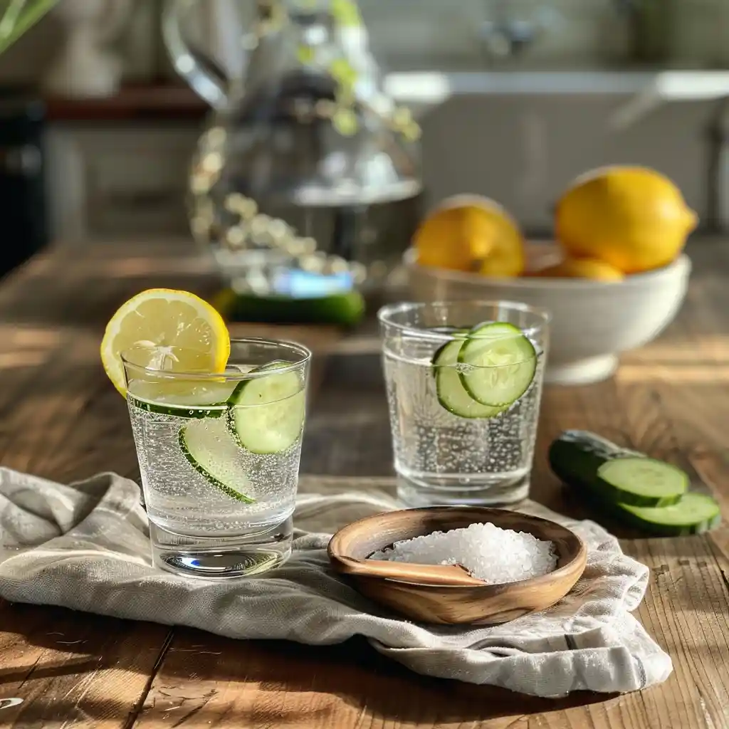 benefits of drinking celtic sea salt  morning drink on a tray with journal and pen