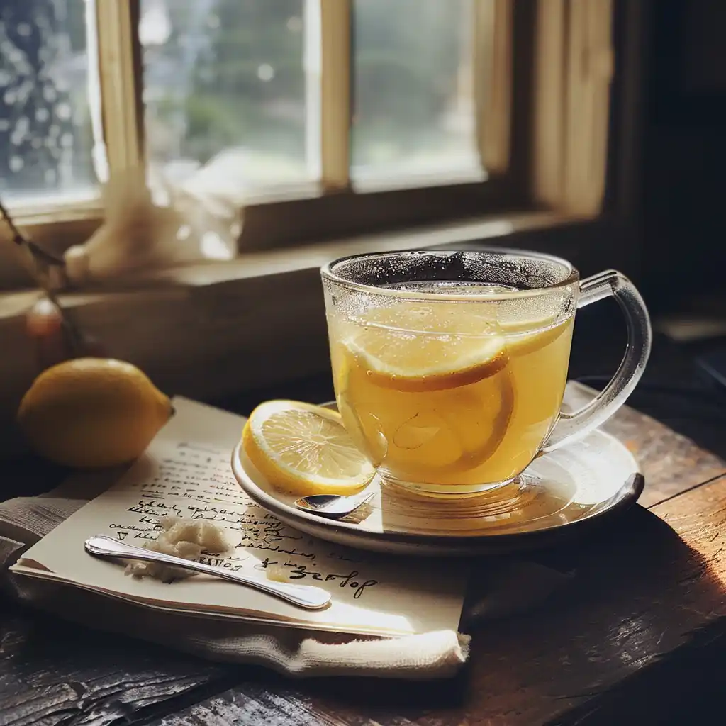 Clear mug of gelatin lemon ACV drink on a saucer with lemon slices and a teaspoon as a serving suggestion