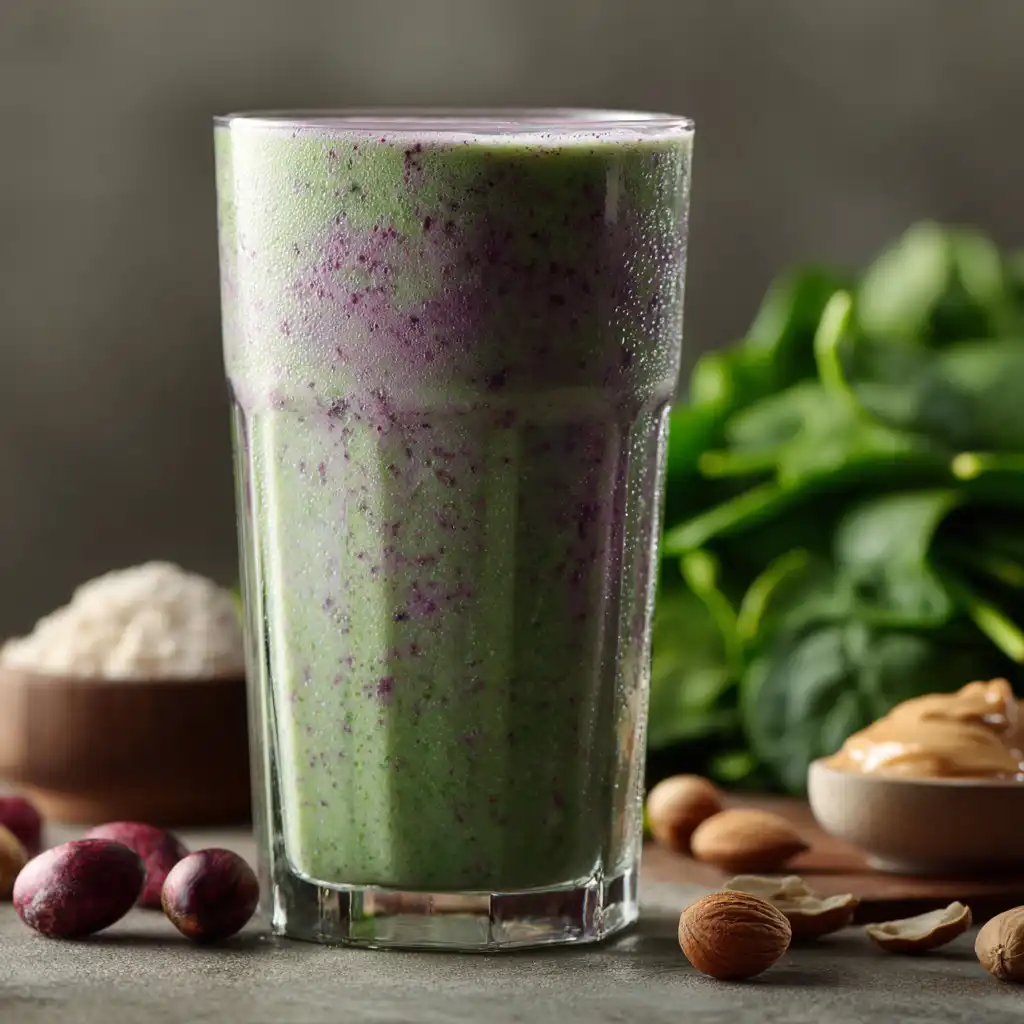 best smoothie recipe for losing weight_Close-up of a frosty smoothie for weight loss with spinach and nut butter