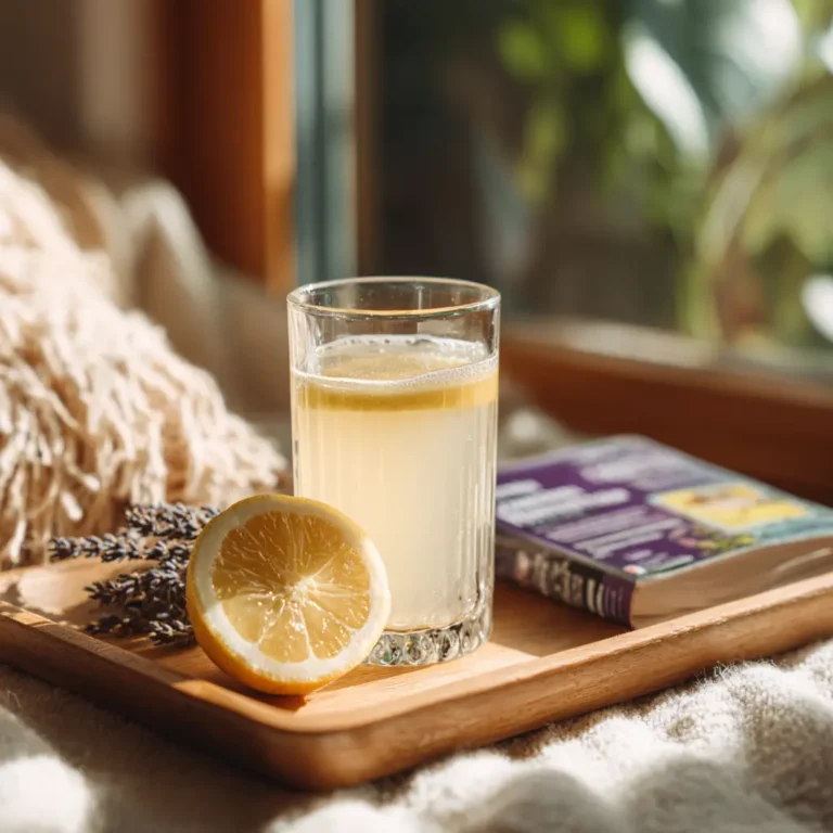 Close-up of baking soda drink with lemon on a wooden tray