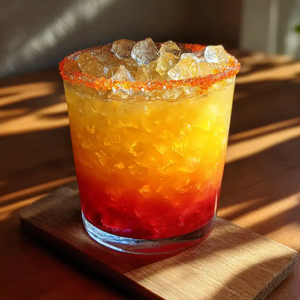 toucan drink recipe_Close-up of layered toucan drink with crushed ice and sugar rim