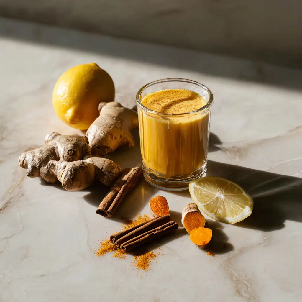 Close-up of steaming turmeric ginger shot in a frosted glass