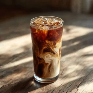 Cold brew coffee in a tall glass with milk swirls and ice on a rustic table