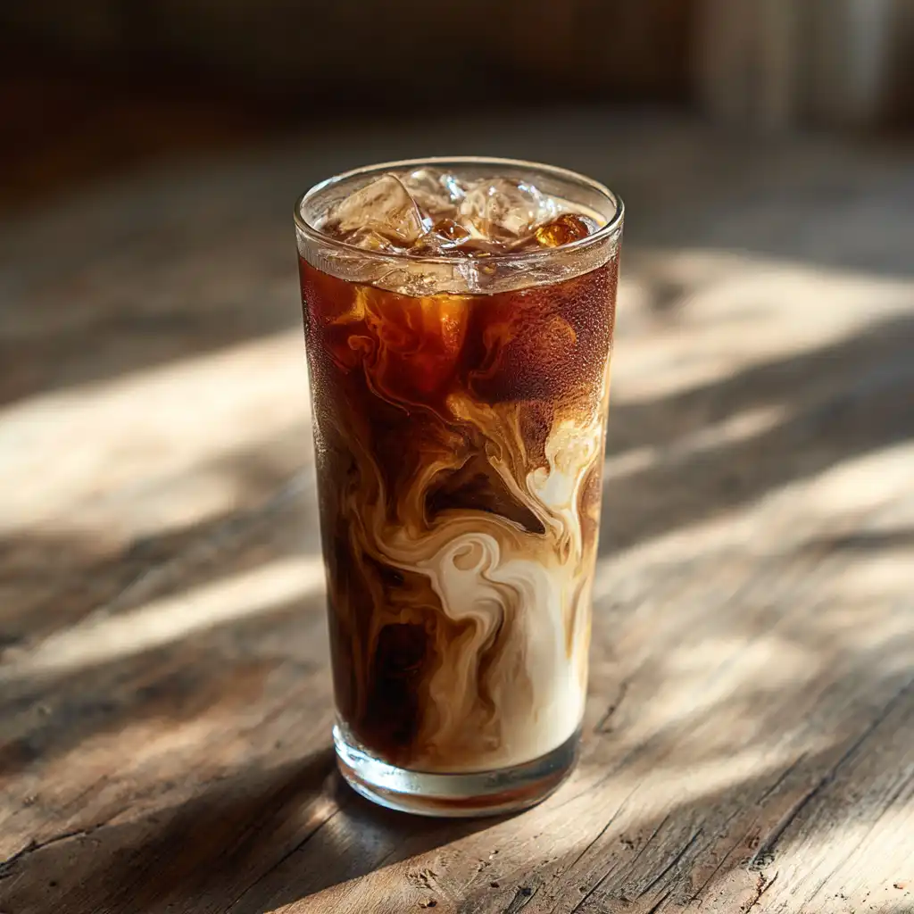 Cold brew coffee in a tall glass with milk swirls and ice on a rustic table