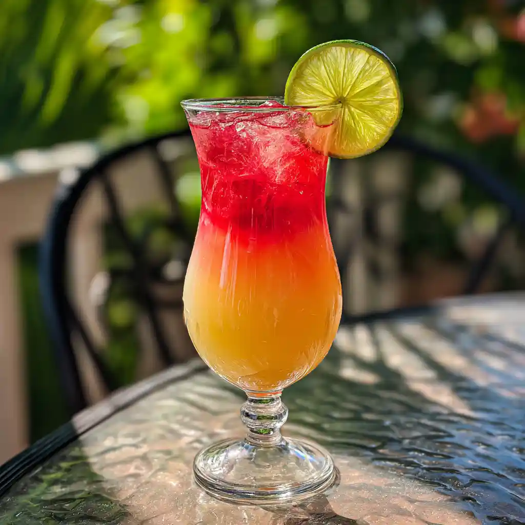 Colorful toucan cocktail layered in a tall glass with lime garnish on a patio