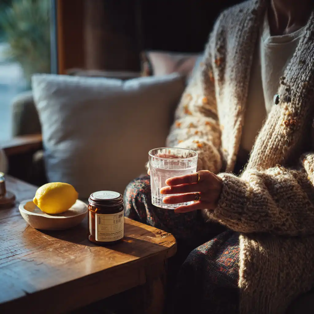10 second baking soda trick_Cozy evening scene with person holding baking soda water on couch