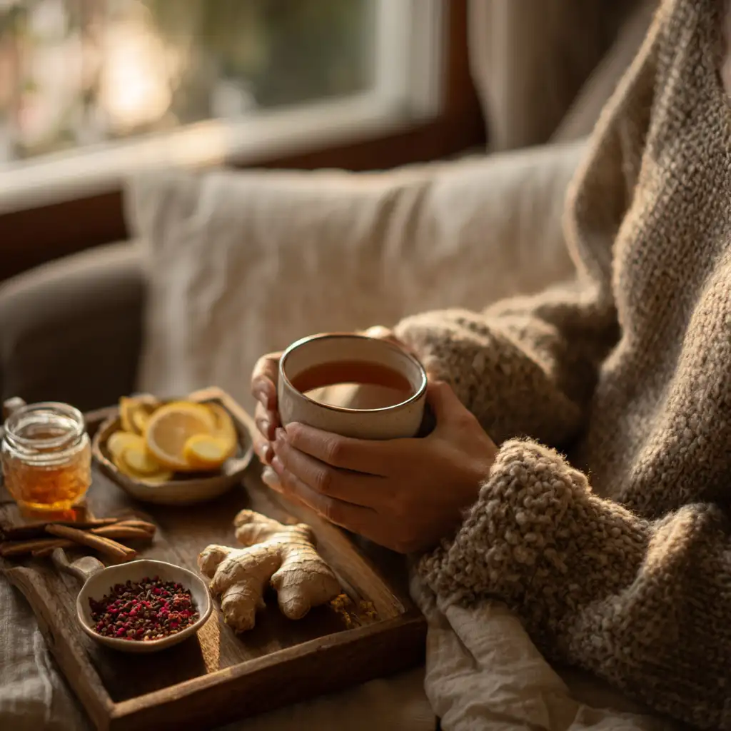 ginger trick before bed_Cozy home scene with ginger tea and fresh ingredients