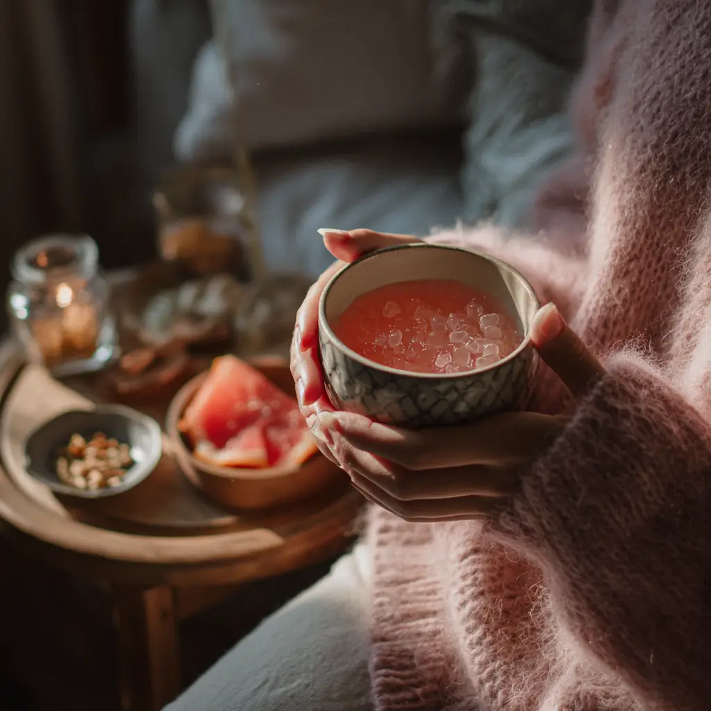 Cozy home setting with person holding pink gelatin dessert near a side table