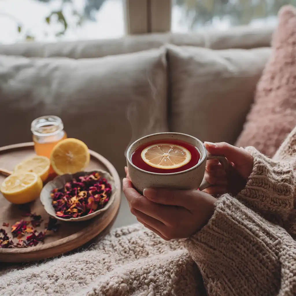 Cozy living room scene with person in cardigan holding a mug of lemon zinger tea next to a side table with lemons, hibiscus, rosehips, and honey