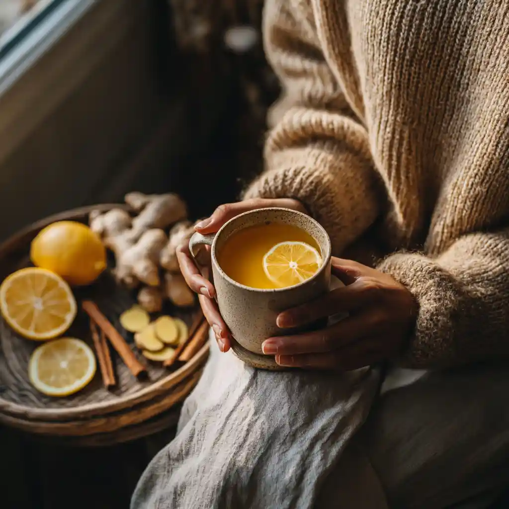 Cozy living room scene with a person enjoying turmeric ginger cinnamon tea