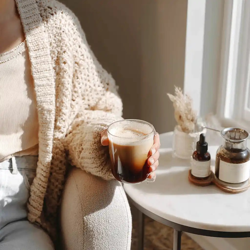 Cozy living room scene with cold brew coffee and visible ingredients on side table