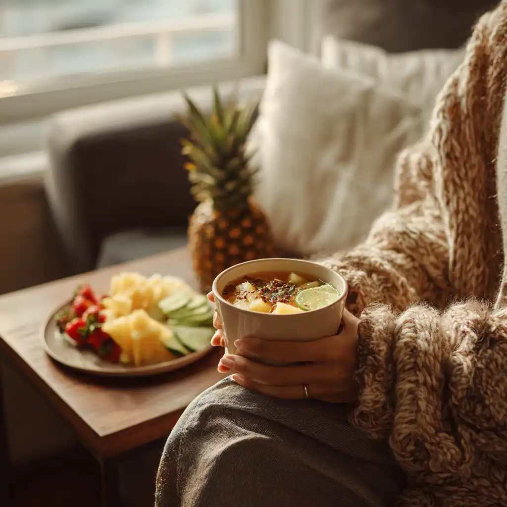 Cozy living room scene with pineapple cucumber detox and ingredients