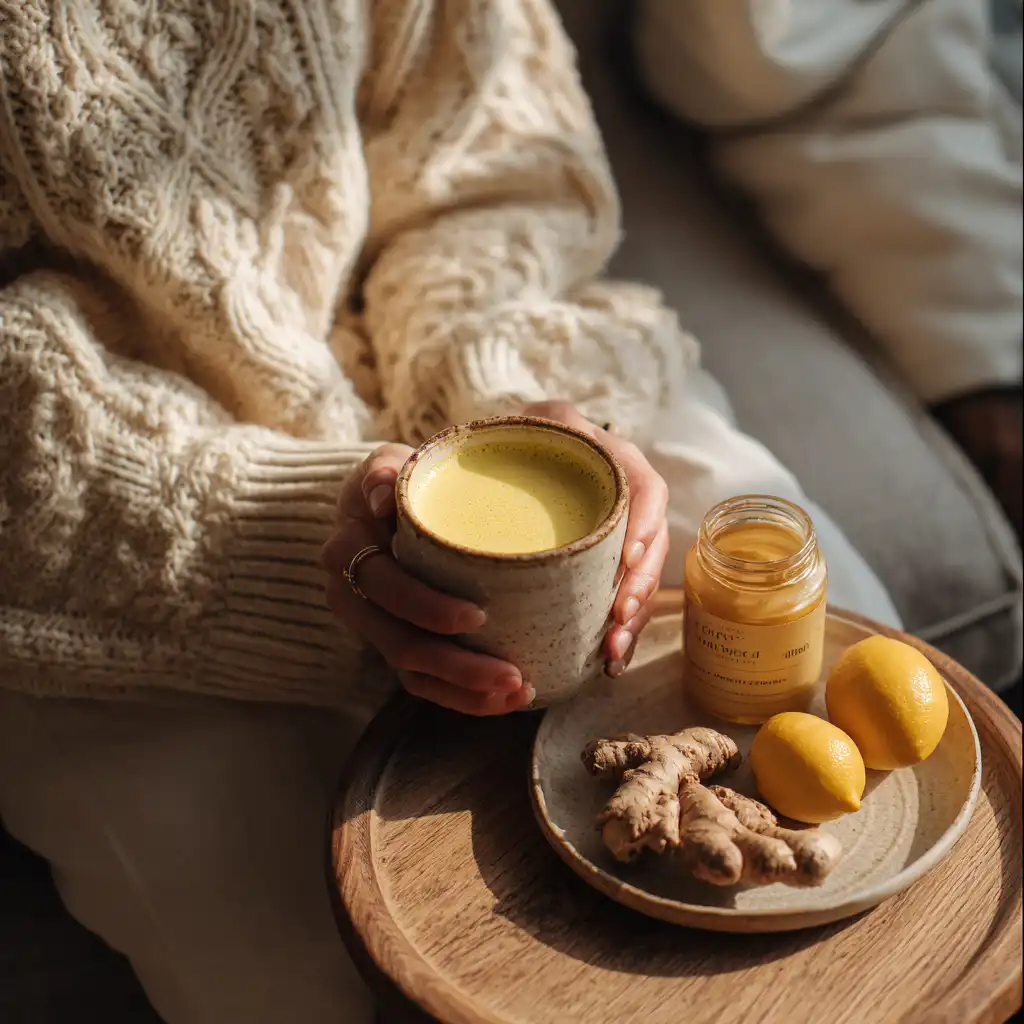 Cozy living room with person holding golden milk and honey, surrounded by fresh ingredients