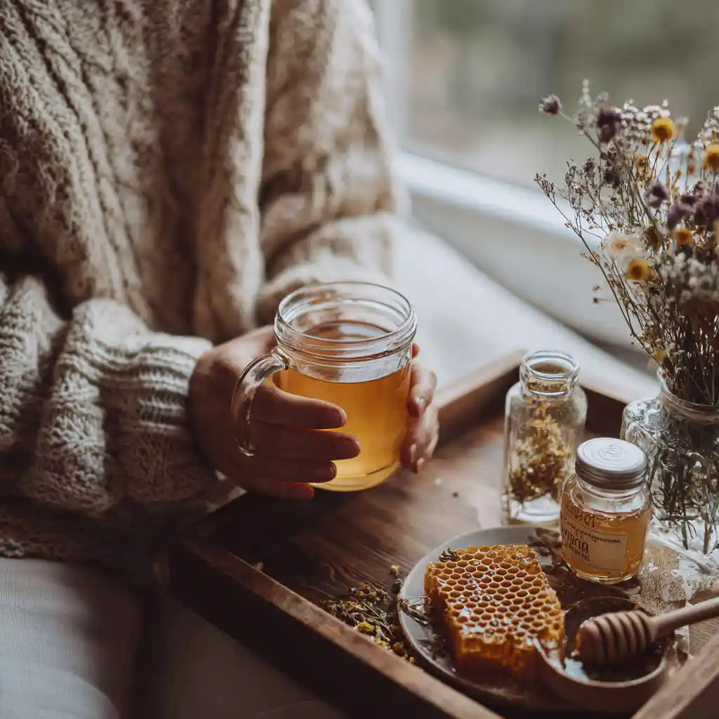 Cozy living room with person holding Canaan honey drink for eyes