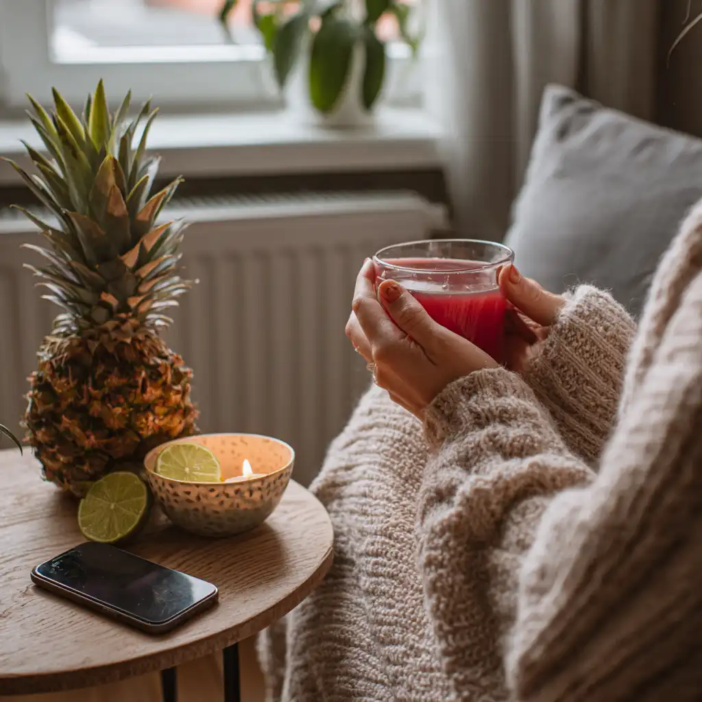 Cozy living room with someone enjoying a toucan drink beside fresh ingredients
