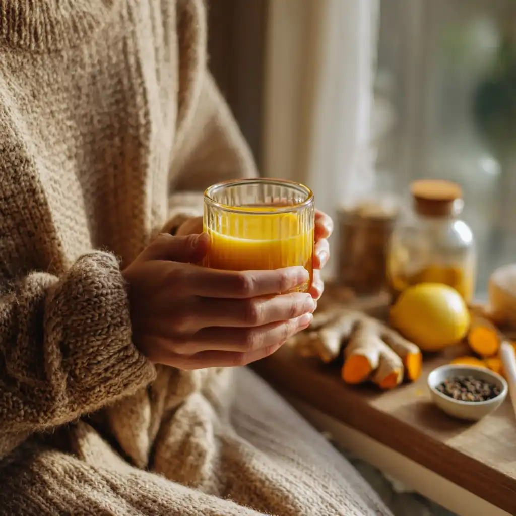 Cozy living room with person holding a turmeric ginger shot and ingredients on table