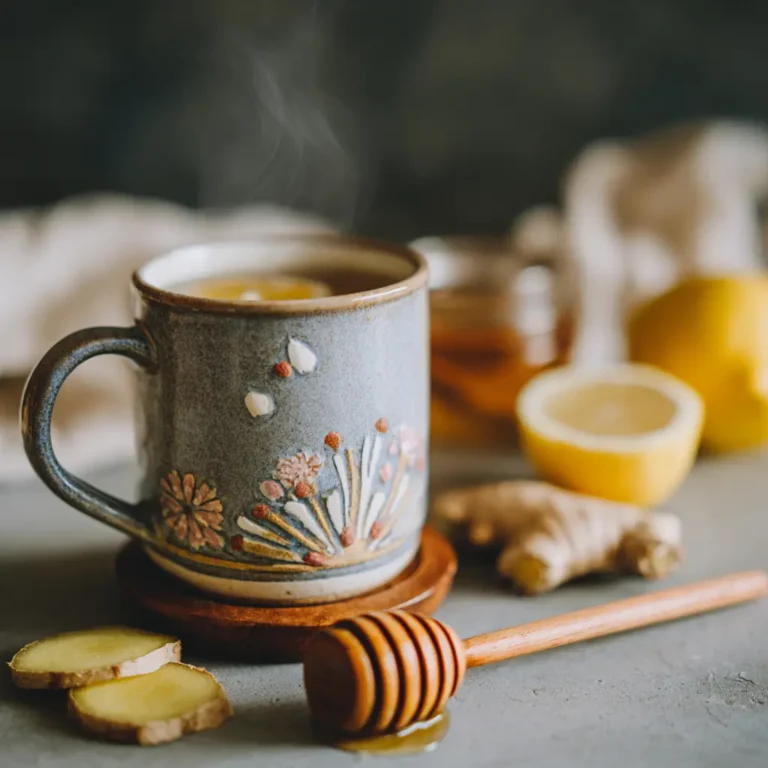 Cozy mug of ginger lemon drink with honey and ginger root on the side