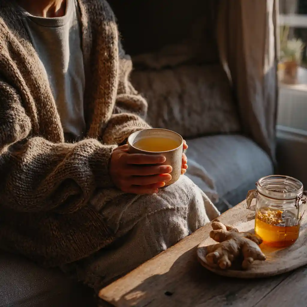 Cozy room with turmeric tonic and memory ingredients – visual learning scene