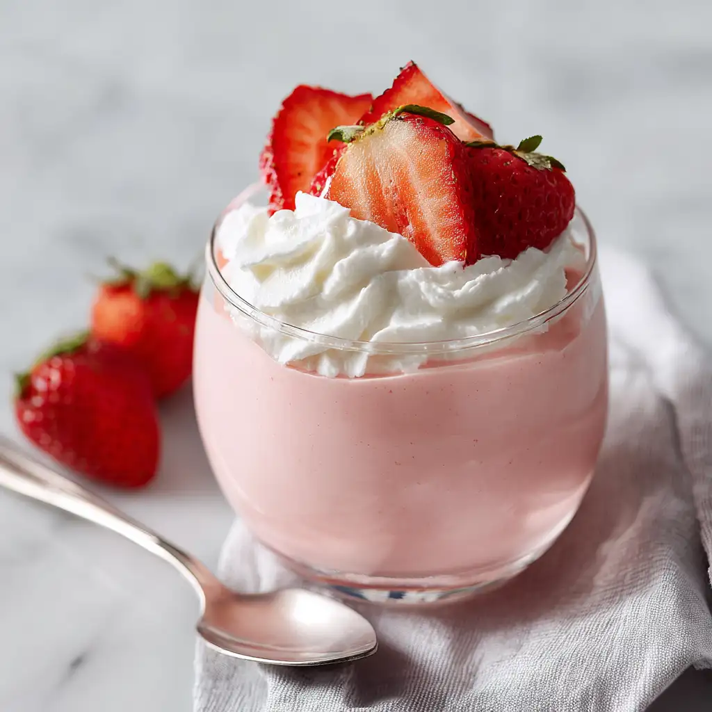 Creamy pink gelatin dessert topped with whipped cream and strawberries in a glass bowl