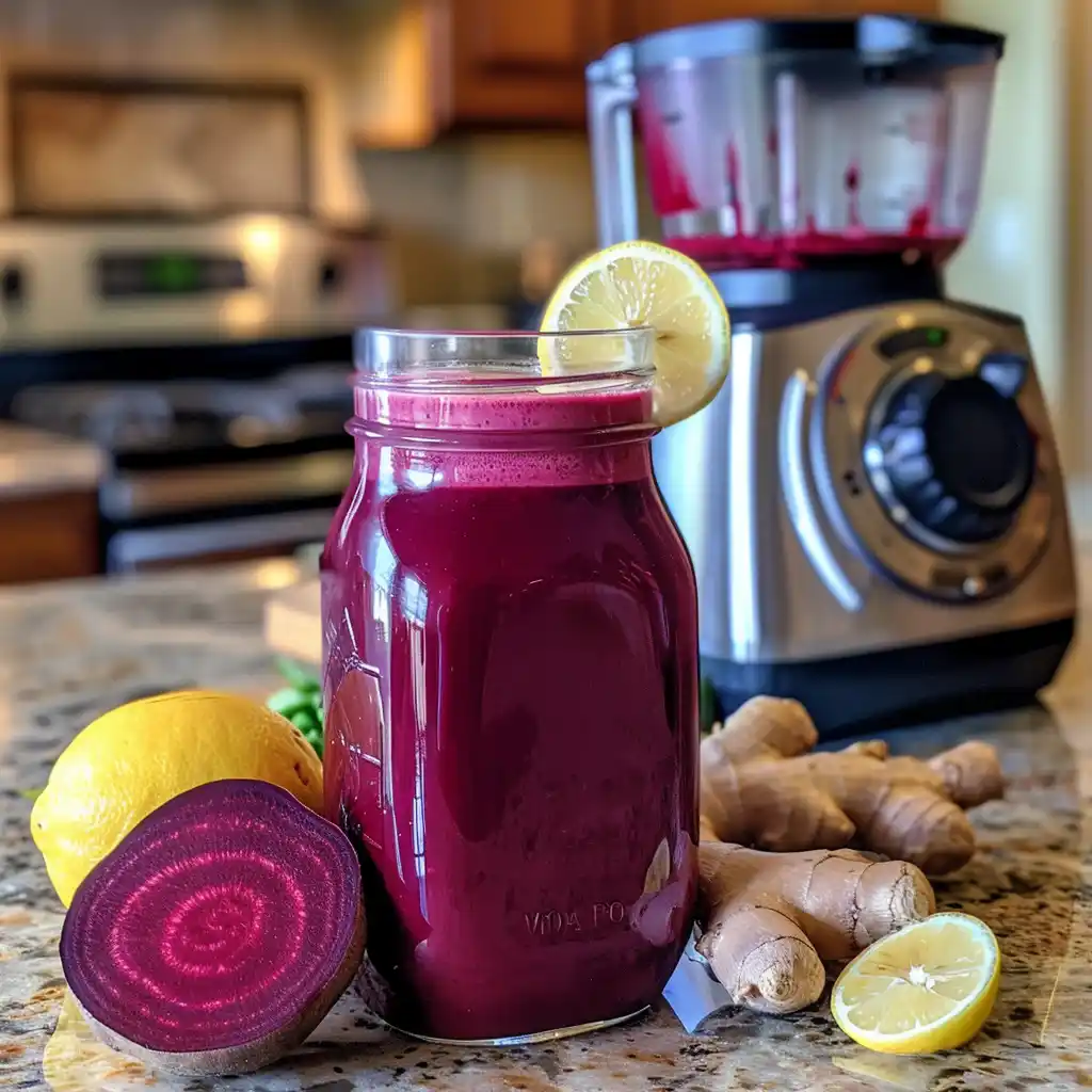 Deep magenta beet juice in a glass jar with fresh beets, apple, lemon, and ginger on a wooden counter