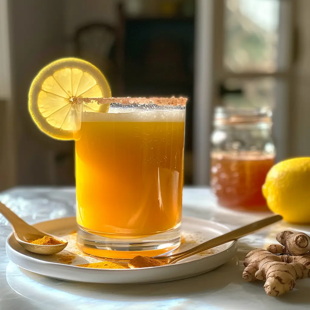 Elephant trick memory drink served in a glass with lemon slice and honey jar in the background